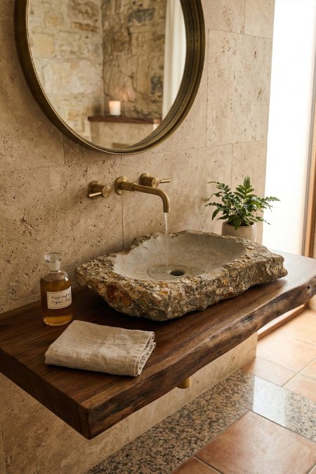 حوض مغسلة صخرة حجر طبيعي (Rock Sink) – 69×57 سم